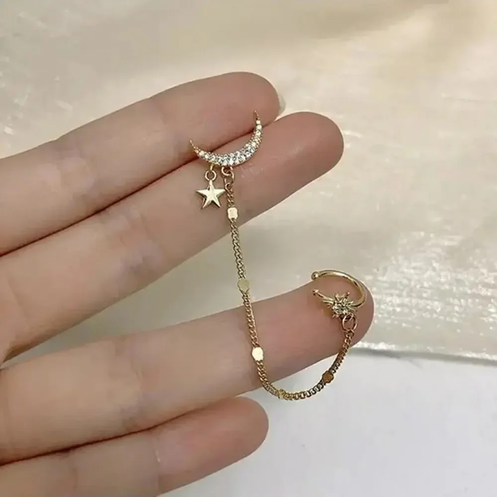 Boho Golden Crescent Moon and Stars Dreamer Cuff Swing Chain Earrings Gold A0128